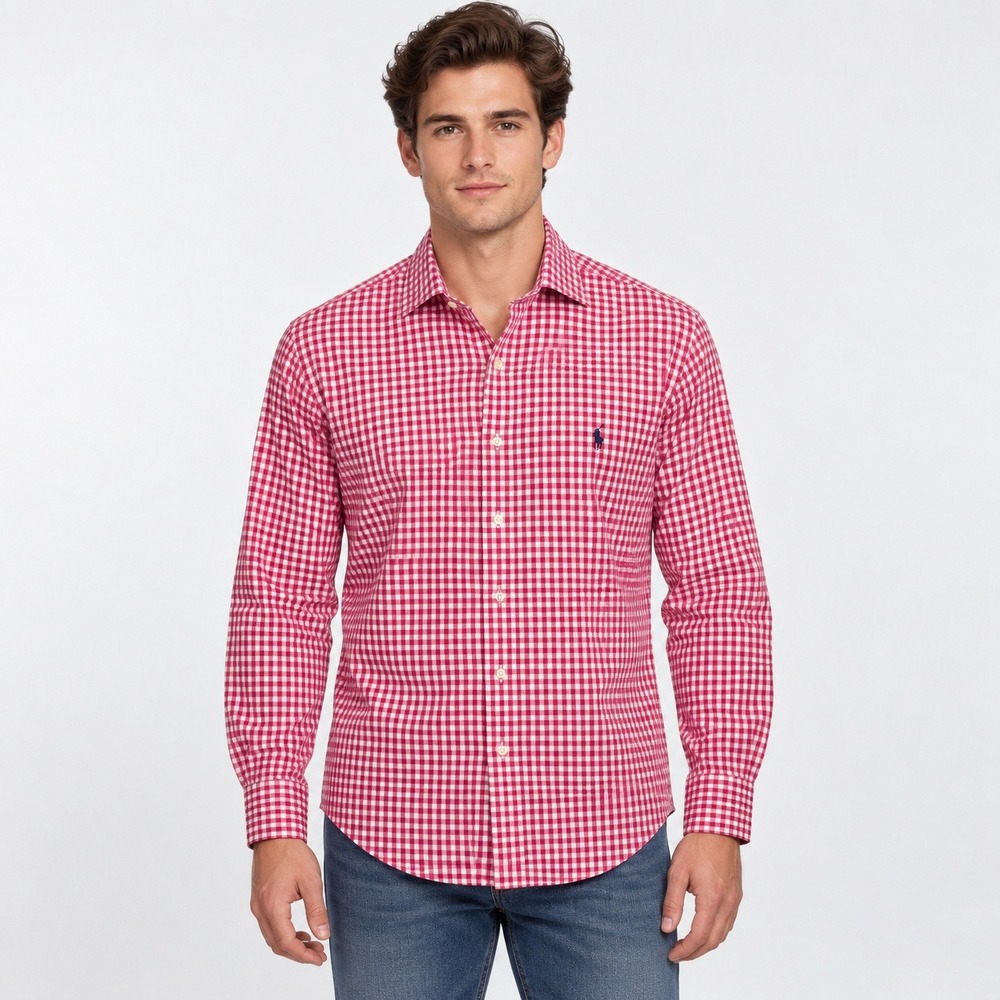 Polo Ralph Lauren Mens Red White Gingham Button Down Shirt Custom Fit 15 32/33